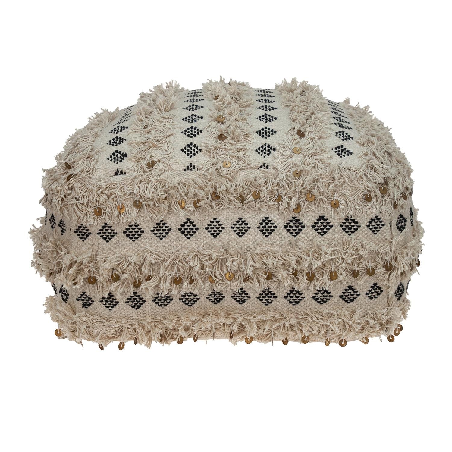 Boho Fringed Beige and Black Handwoven Pouff Ottoman By Homeroots | Ottomans | Modishstore