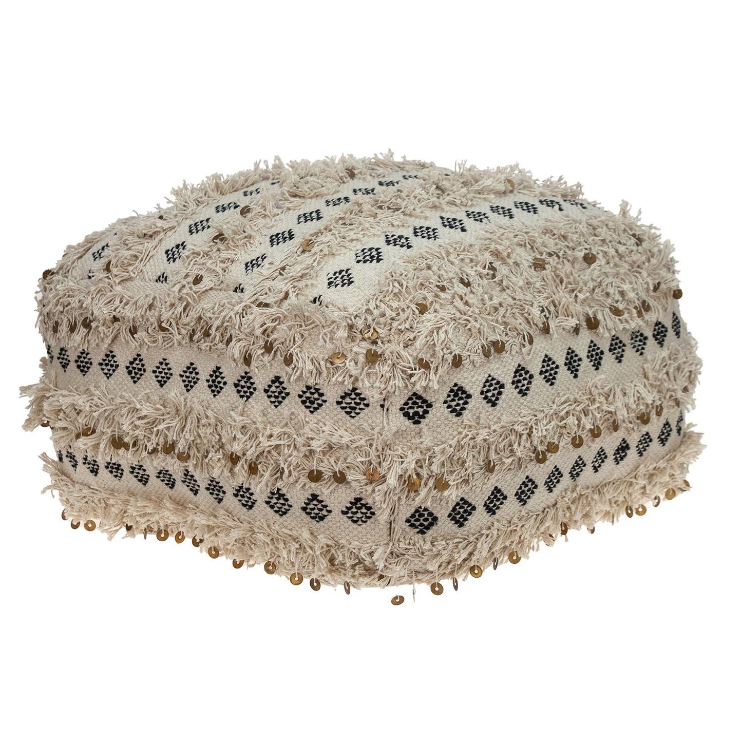 Boho Fringed Beige and Black Handwoven Pouff Ottoman By Homeroots