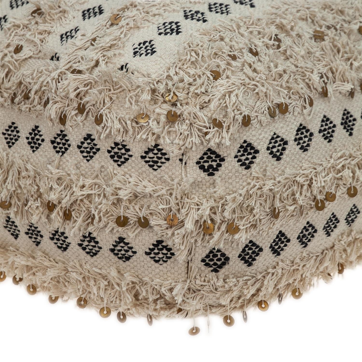 Boho Fringed Beige and Black Handwoven Pouff Ottoman By Homeroots | Ottomans | Modishstore - 4