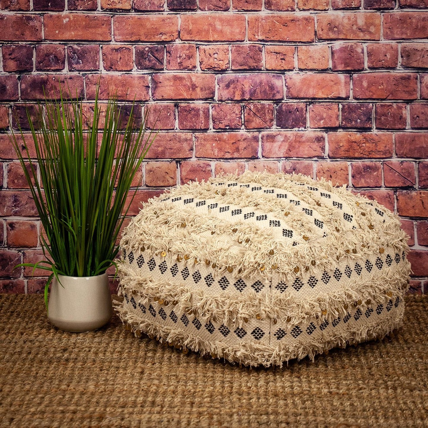 Boho Fringed Beige and Black Handwoven Pouff Ottoman By Homeroots | Ottomans | Modishstore - 5