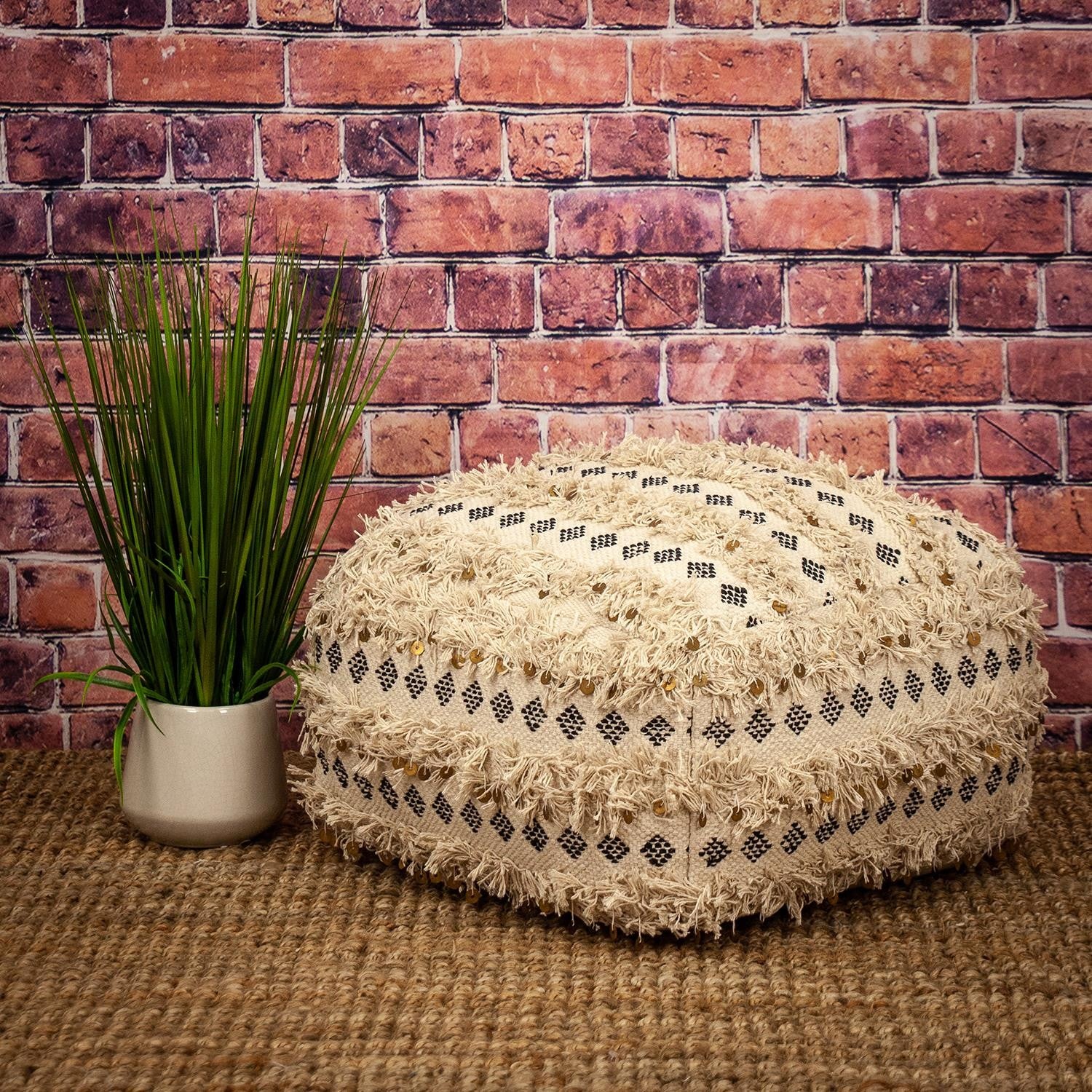 Boho Fringed Beige and Black Handwoven Pouff Ottoman By Homeroots | Ottomans | Modishstore - 5