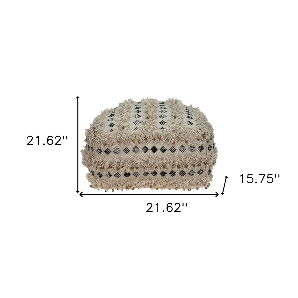 Boho Fringed Beige and Black Handwoven Pouff Ottoman By Homeroots | Ottomans | Modishstore - 6