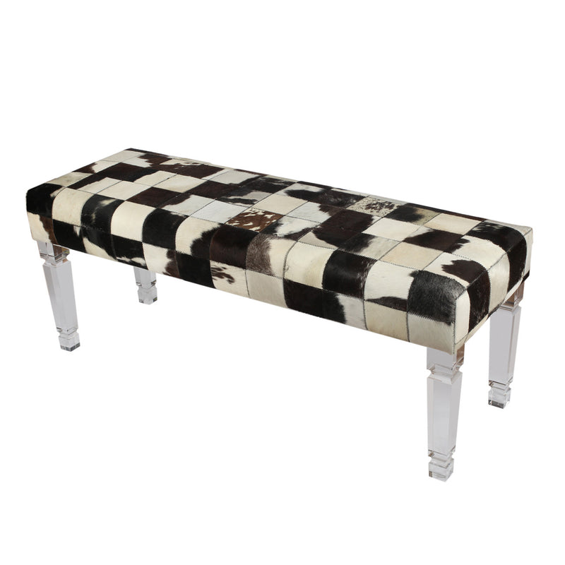 A&B Home Patchwork Cowhide Bench With Acrylic Legs | Benches | Modishstore
