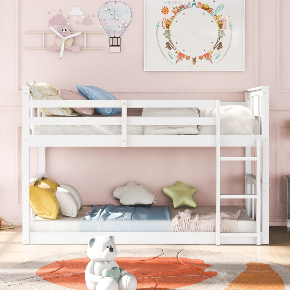 White Classic Twin Over Twin Bunk Bed With Ladder By Homeroots | Beds | Modishstore - 2