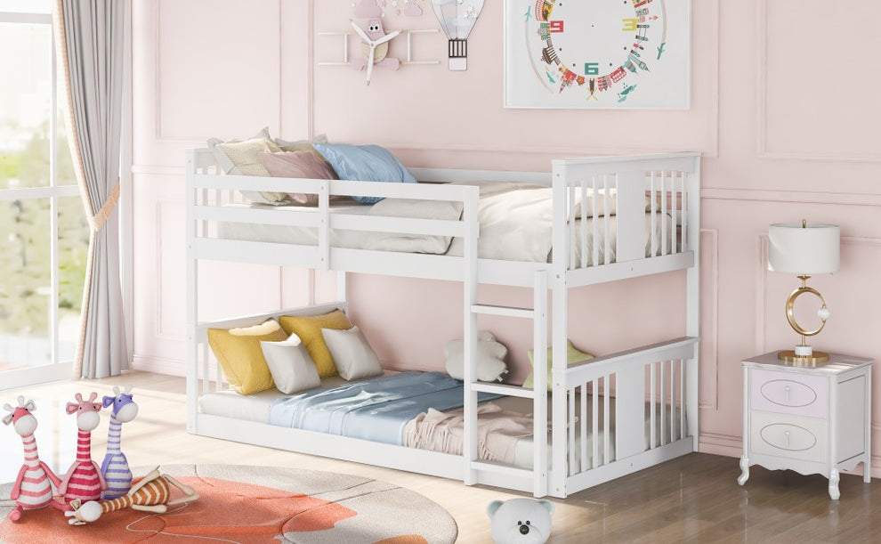 White Classic Twin Over Twin Bunk Bed With Ladder By Homeroots | Beds | Modishstore - 3