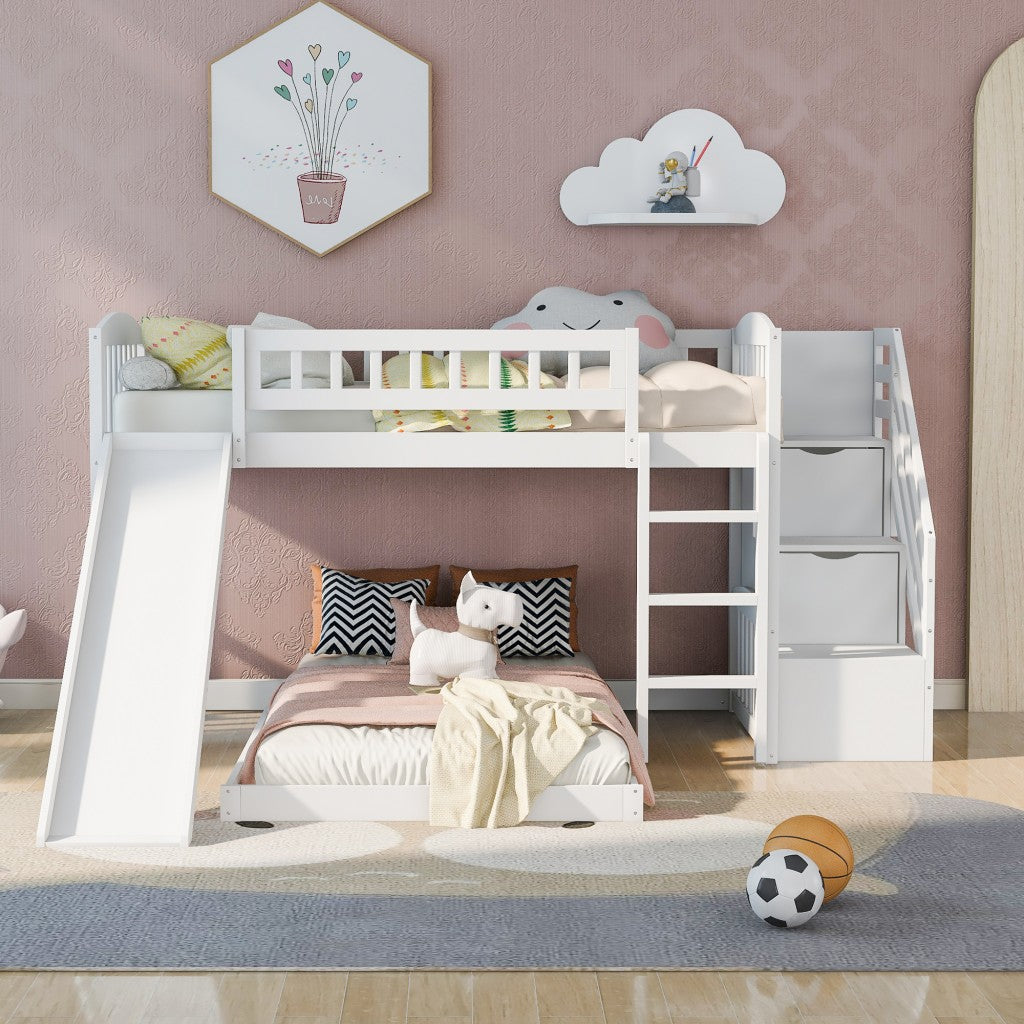 White Twin Over Twin Perpendicular Bunk Bed With Storage Stairs And Slide By Homeroots | Beds | Modishstore - 2