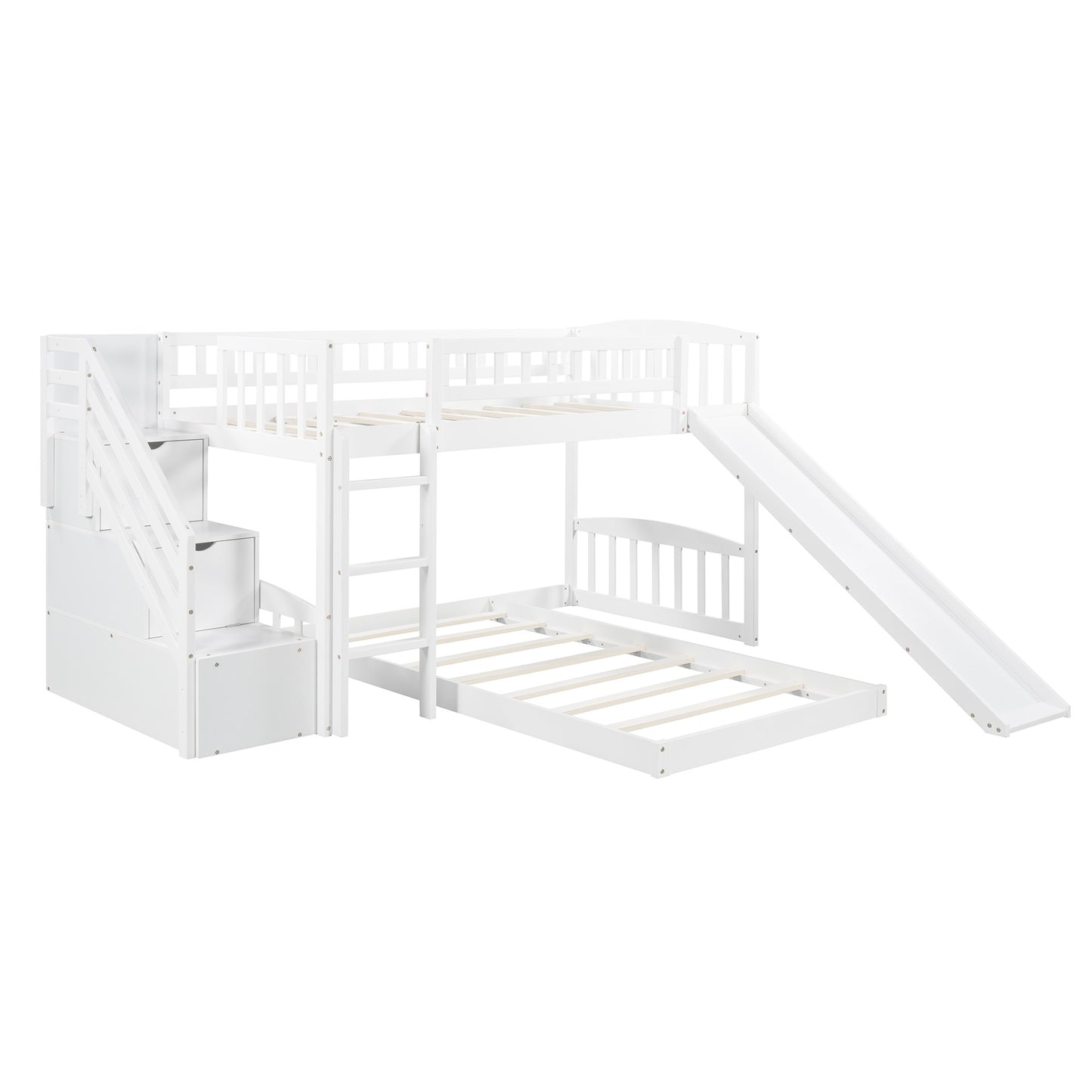 White Twin Over Twin Perpendicular Bunk Bed With Storage Stairs And Slide By Homeroots | Beds | Modishstore - 3