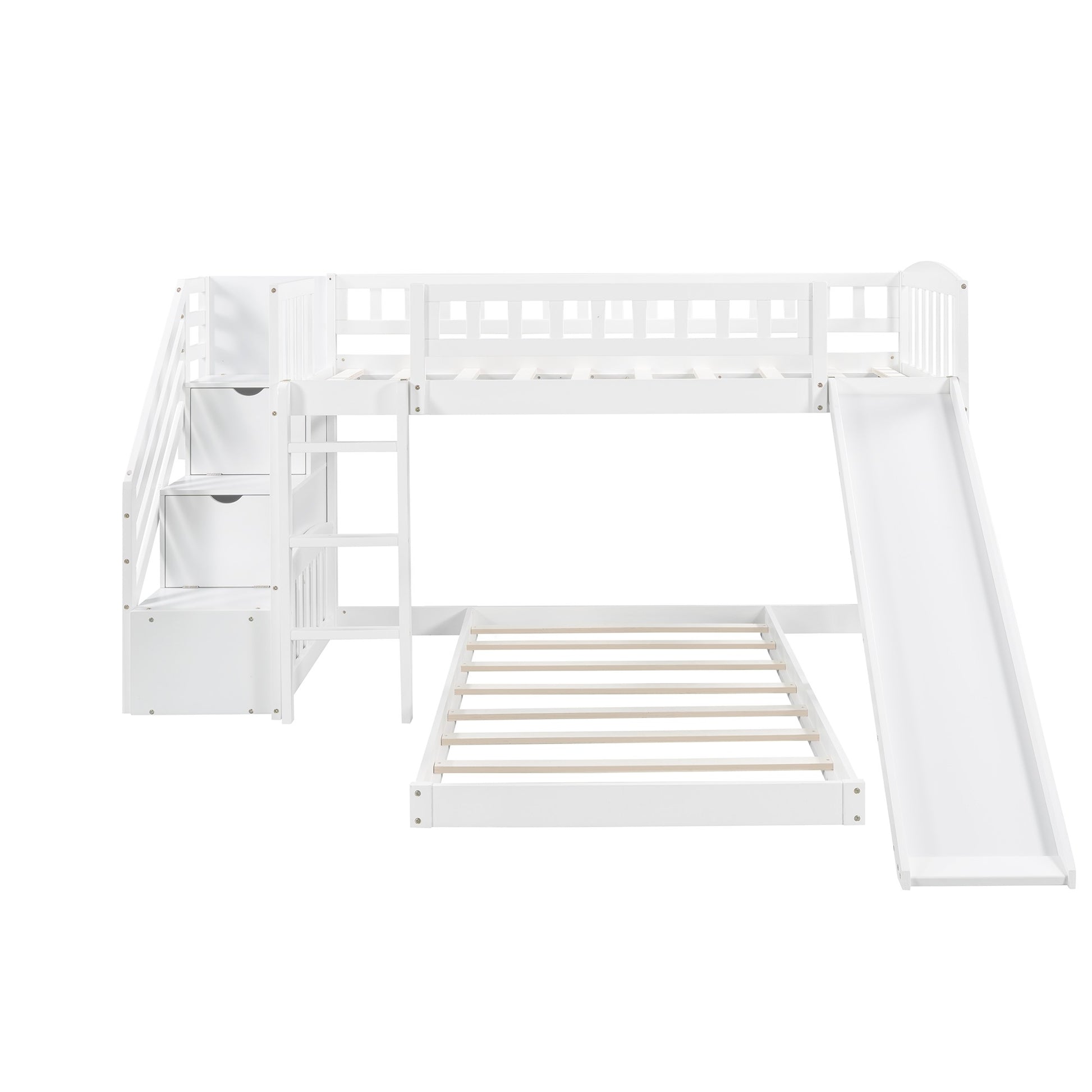White Twin Over Twin Perpendicular Bunk Bed With Storage Stairs And Slide By Homeroots | Beds | Modishstore - 4