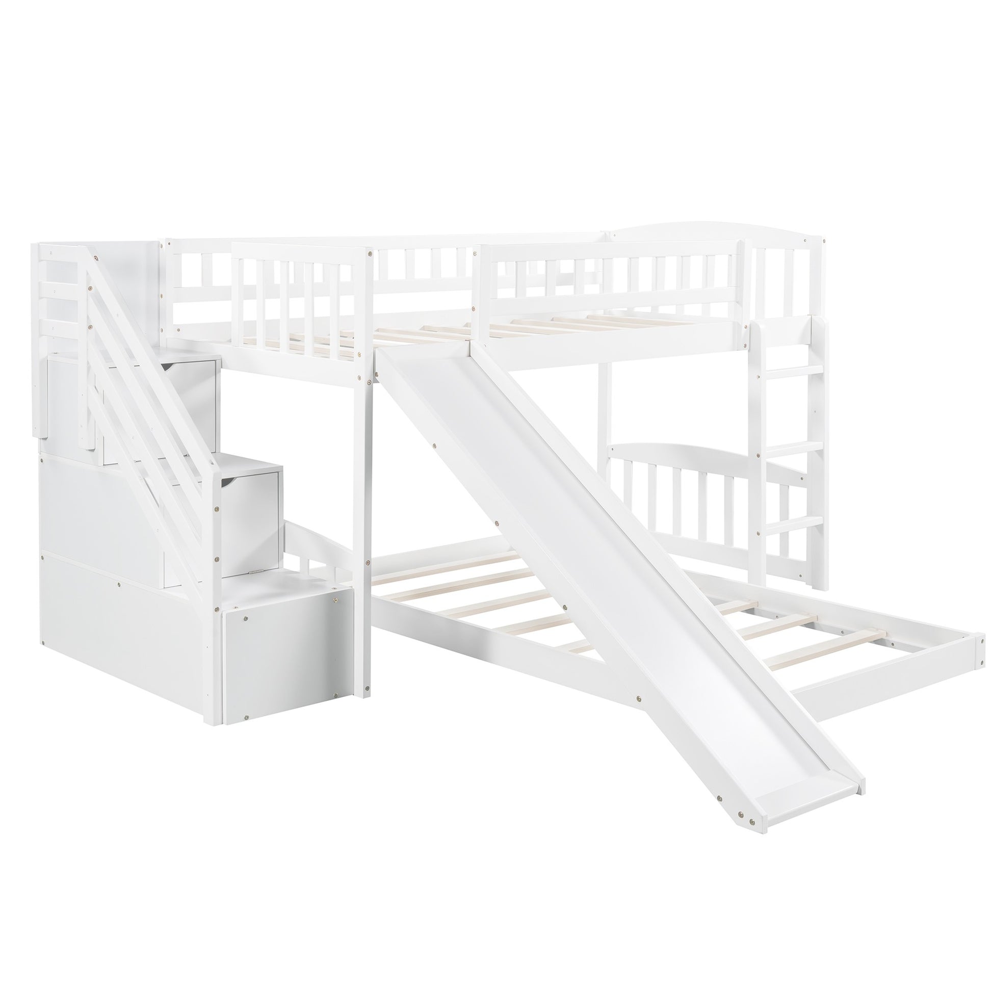 White Twin Over Twin Perpendicular Bunk Bed With Storage Stairs And Slide By Homeroots | Beds | Modishstore - 5