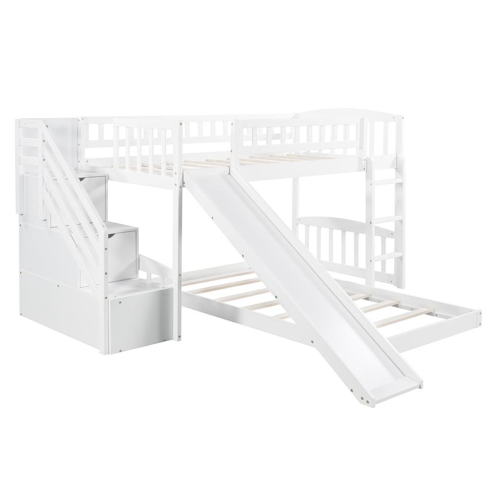 White Twin Over Twin Perpendicular Bunk Bed With Storage Stairs And Slide By Homeroots | Beds | Modishstore - 5