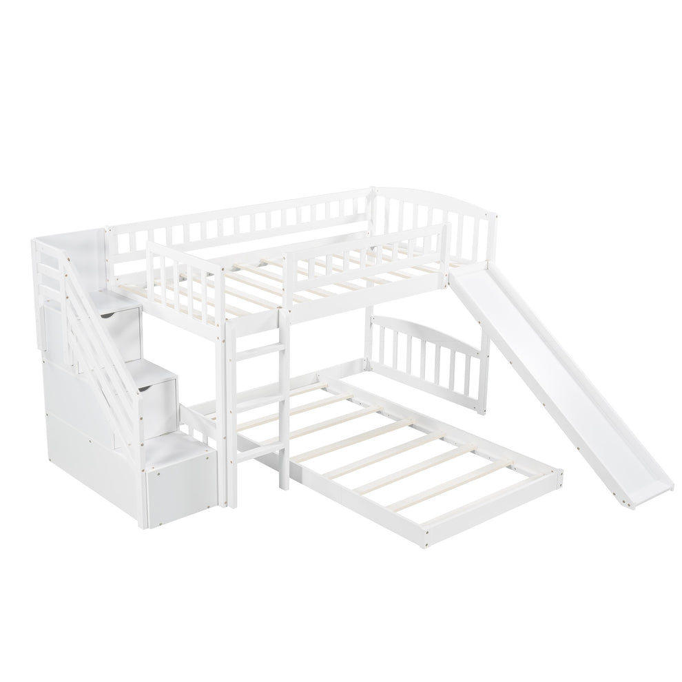 White Twin Over Twin Perpendicular Bunk Bed With Storage Stairs And Slide By Homeroots | Beds | Modishstore - 6