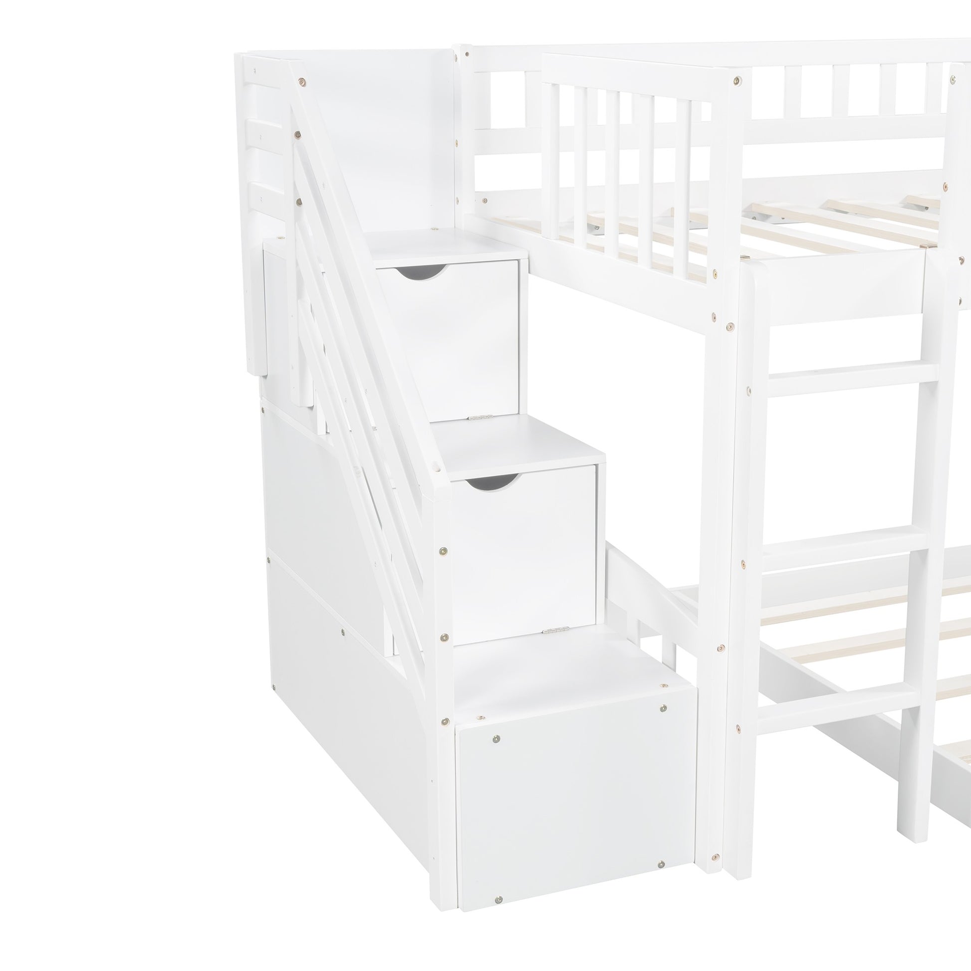 White Twin Over Twin Perpendicular Bunk Bed With Storage Stairs And Slide By Homeroots | Beds | Modishstore - 9