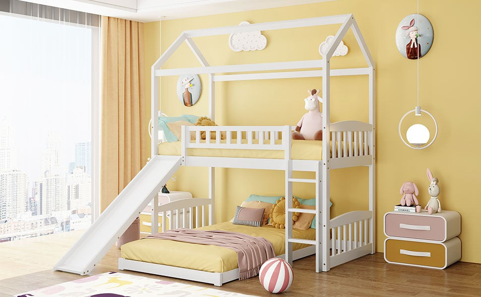 White Playhouse Frame Full Over Full Perpendicular Bunk Bed With Slide By Homeroots | Beds | Modishstore - 2