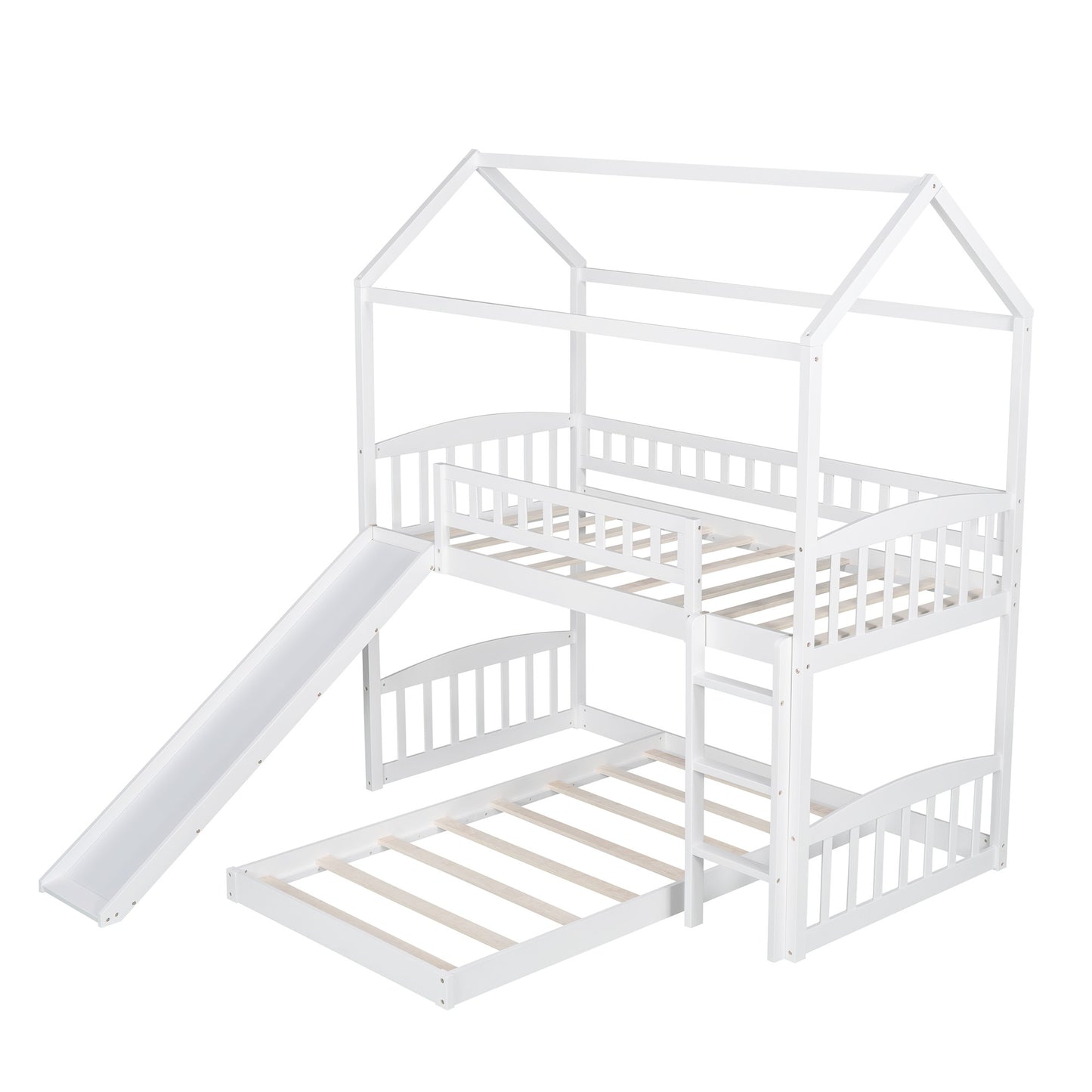 White Playhouse Frame Full Over Full Perpendicular Bunk Bed With Slide By Homeroots | Beds | Modishstore - 7