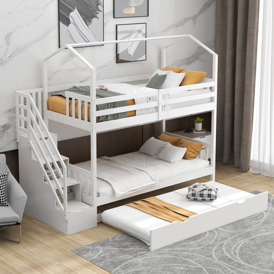 White Twin Over Twin Playhouse Bunk Bed With Trundle And Staircase By Homeroots | Beds | Modishstore