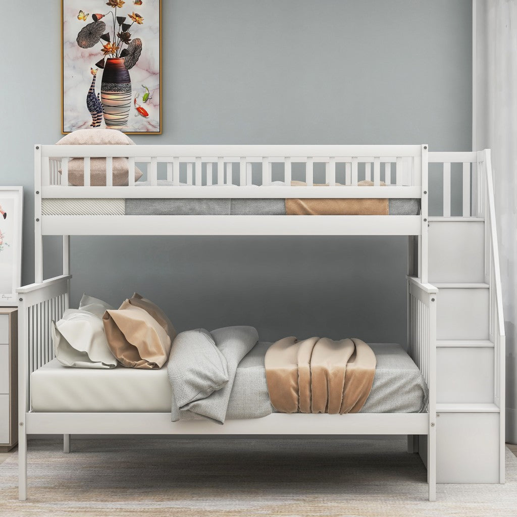 White Twin Over Full Farmhouse Style Bunk Bed With Staircase By Homeroots | Beds | Modishstore - 2