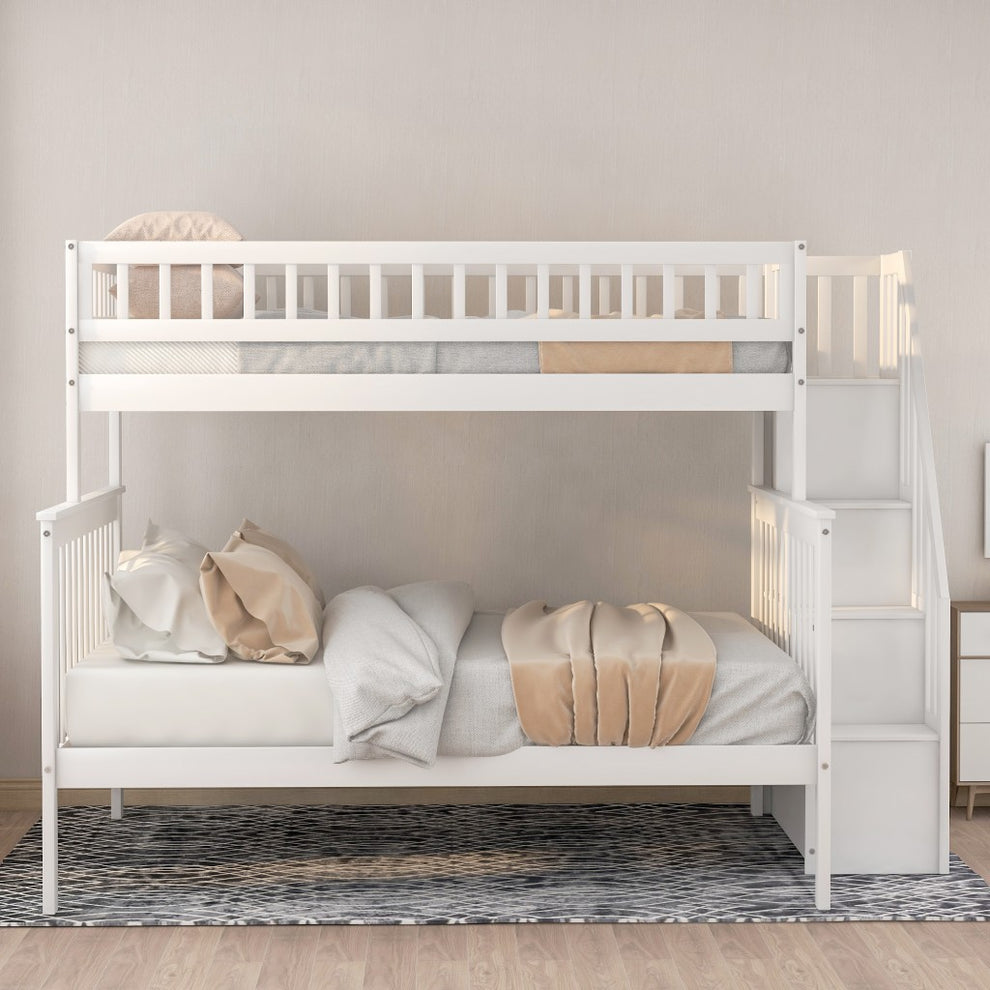 White Twin Over Full Farmhouse Style Bunk Bed With Staircase By Homeroots | Beds | Modishstore - 3