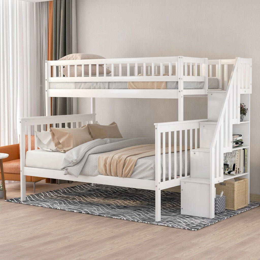 White Twin Over Full Farmhouse Style Bunk Bed With Staircase By Homeroots | Beds | Modishstore - 4