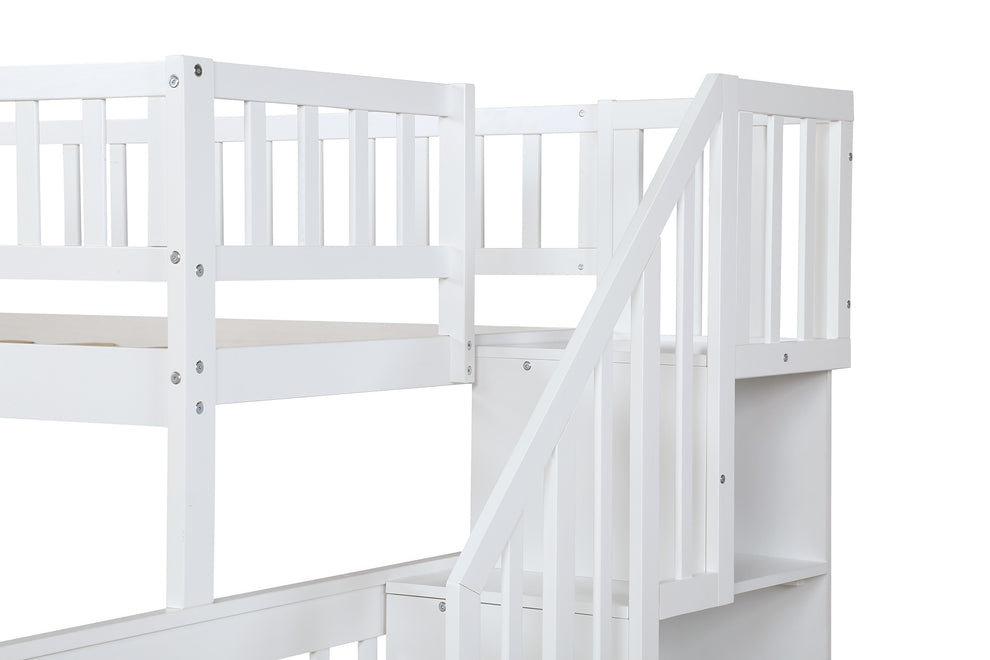 White Twin Over Full Farmhouse Style Bunk Bed With Staircase By Homeroots | Beds | Modishstore - 6