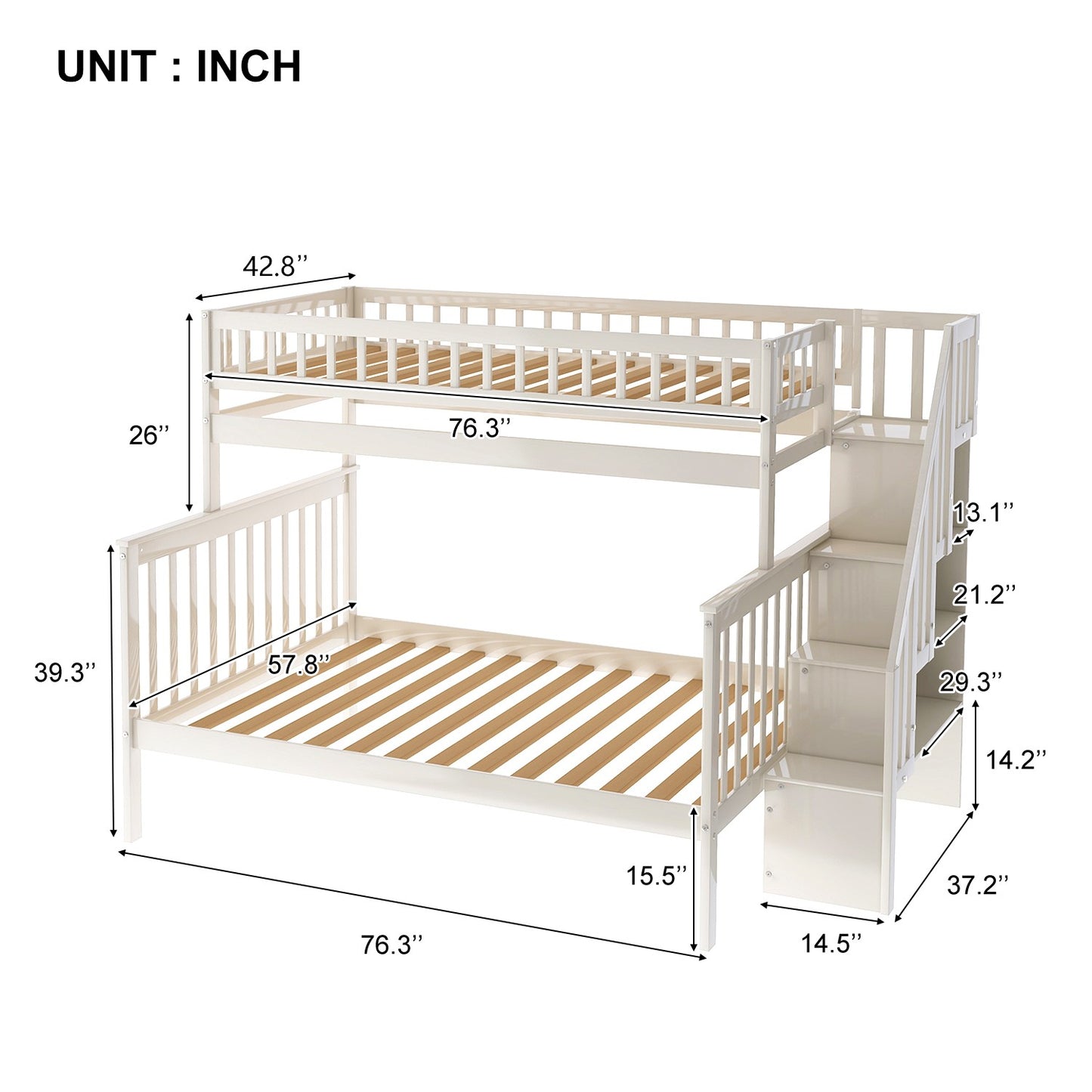 White Twin Over Full Farmhouse Style Bunk Bed With Staircase By Homeroots | Beds | Modishstore - 9