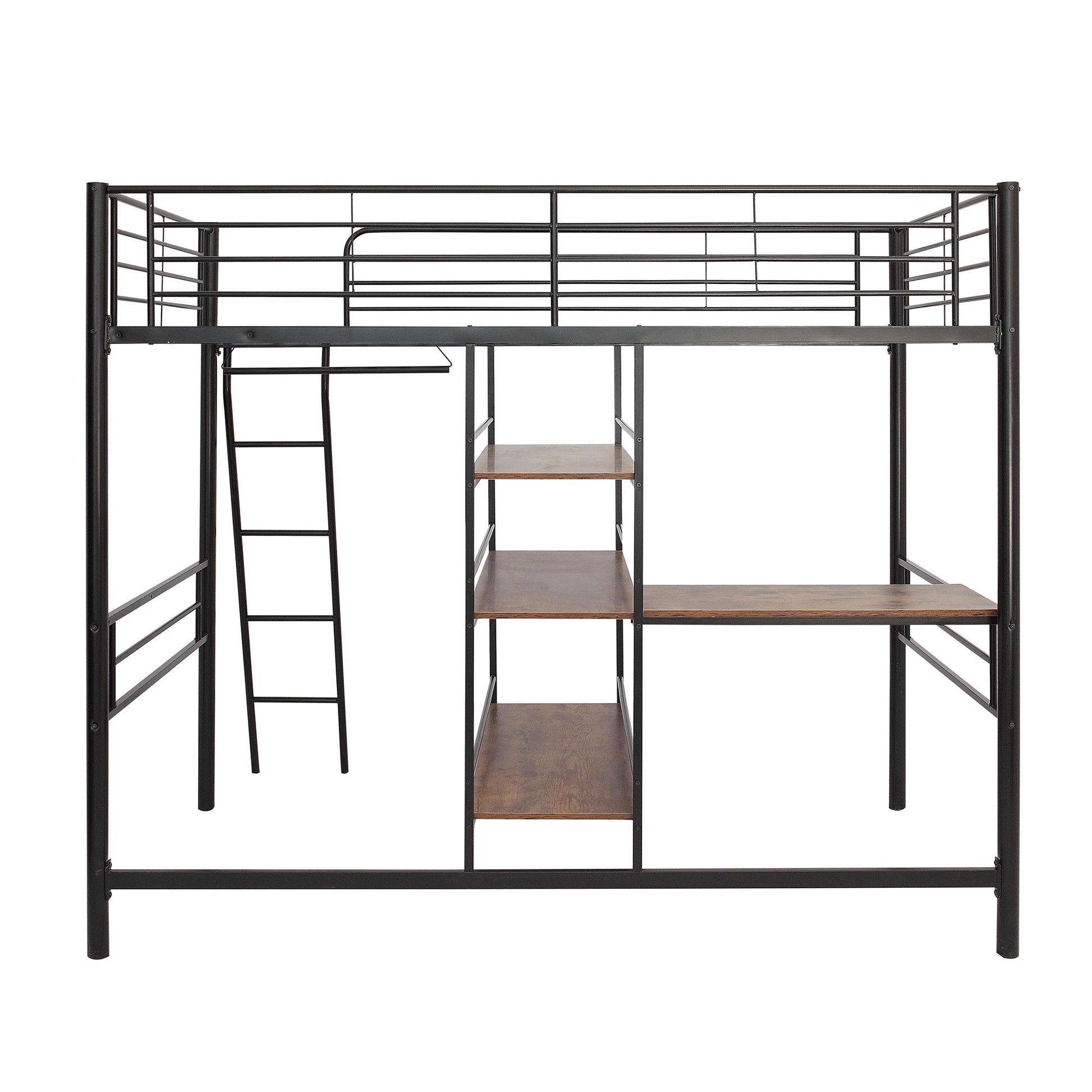 Black Twin Size Metal Loft Bed With Built In Wooden Shelves And Desk By Homeroots | Beds | Modishstore - 6