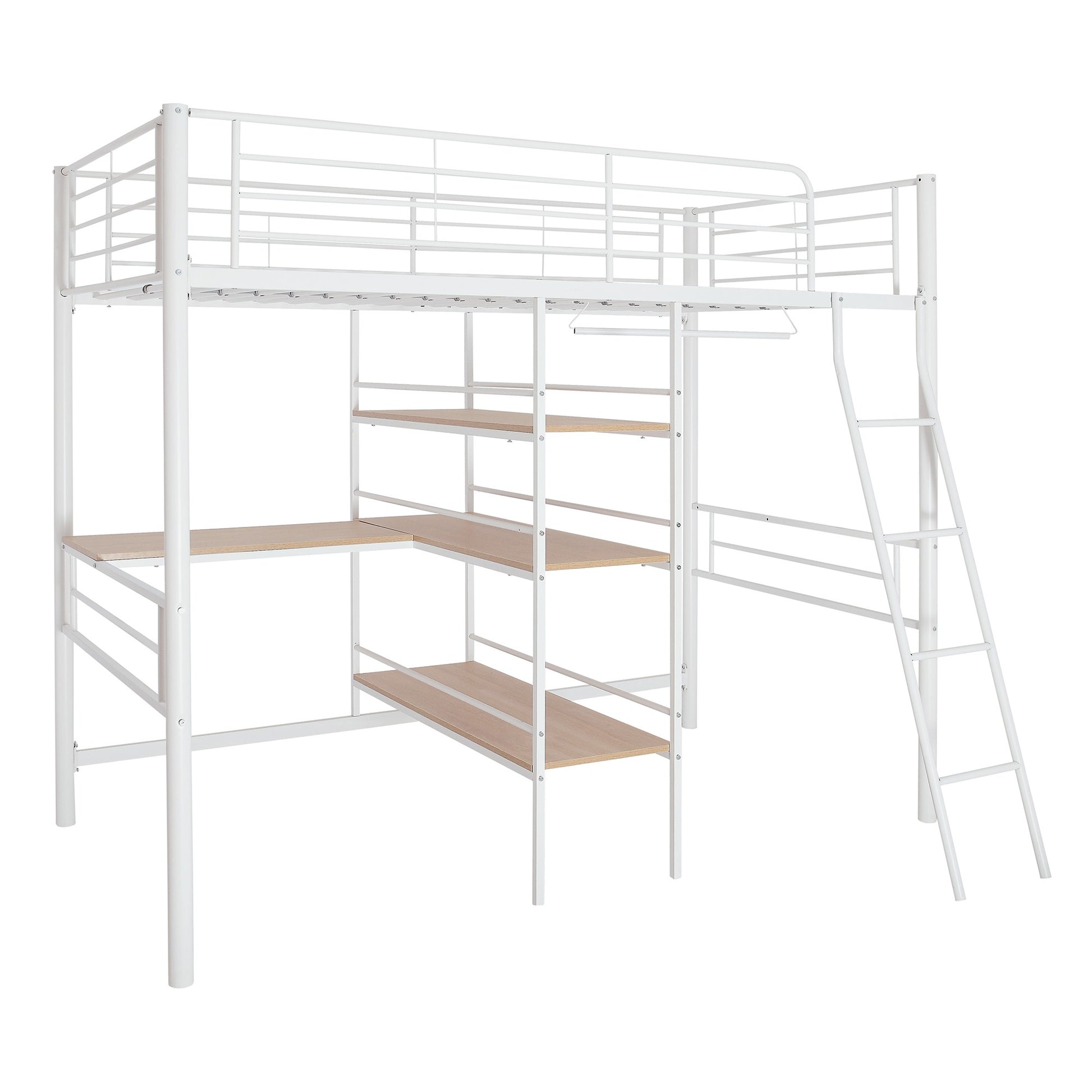 Black Twin Size Metal Loft Bed With Built In Wooden Shelves And Desk By Homeroots | Beds | Modishstore - 17