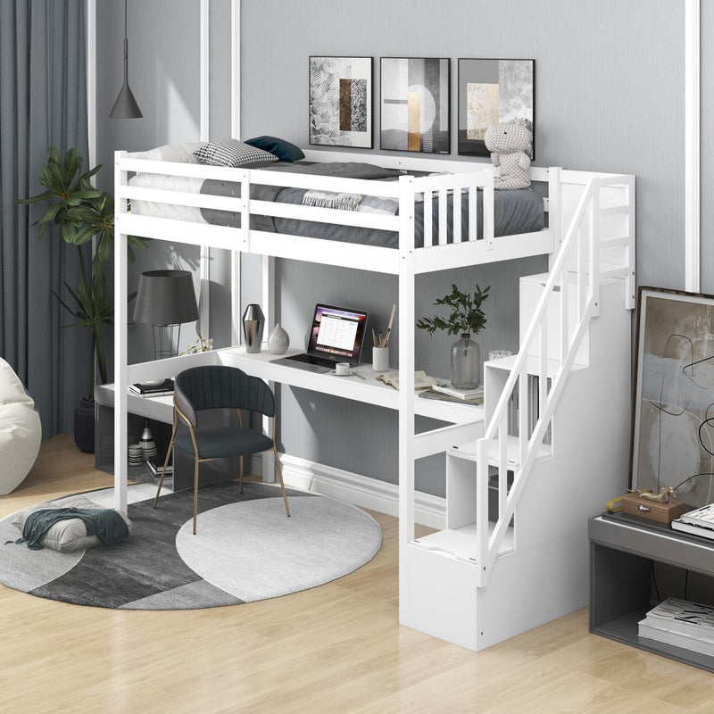 White Twin Size Loft Bed With Built In Desk And Stairway By Homeroots | Beds | Modishstore
