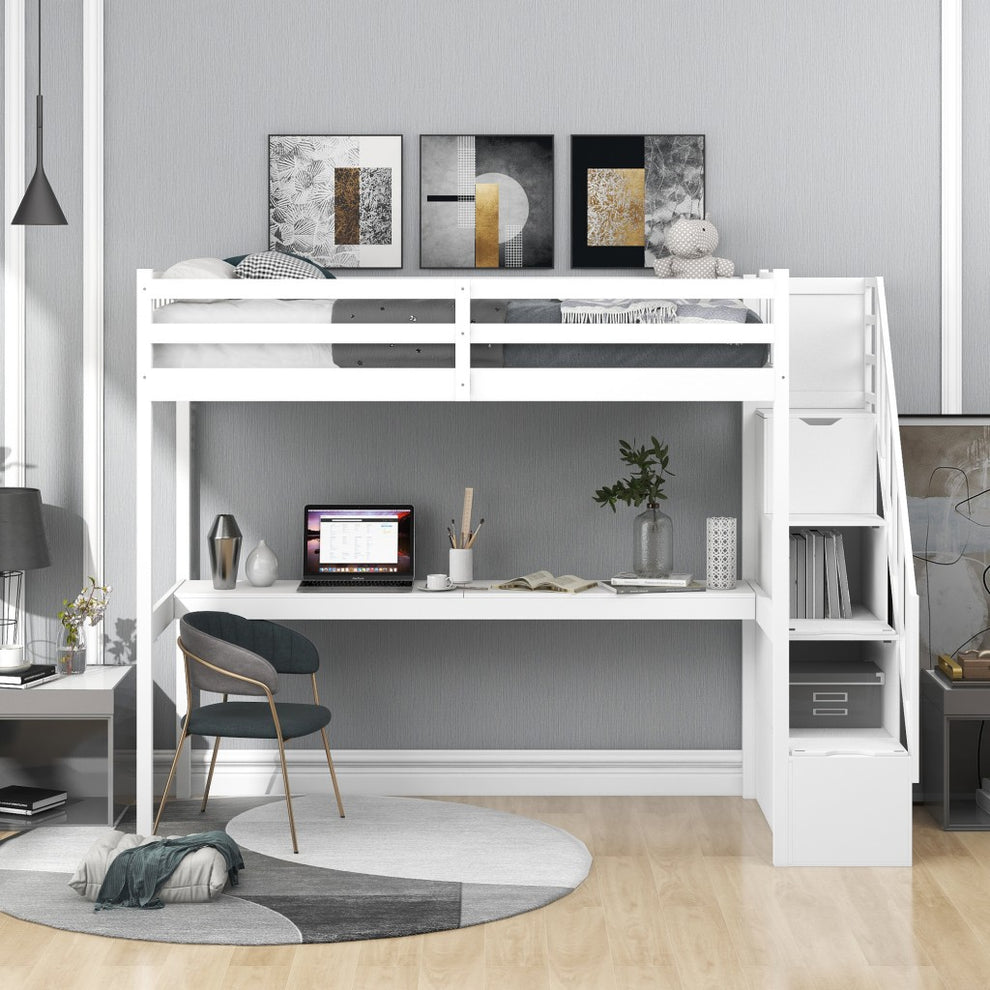 White Twin Size Loft Bed With Built In Desk And Stairway By Homeroots | Beds | Modishstore - 2