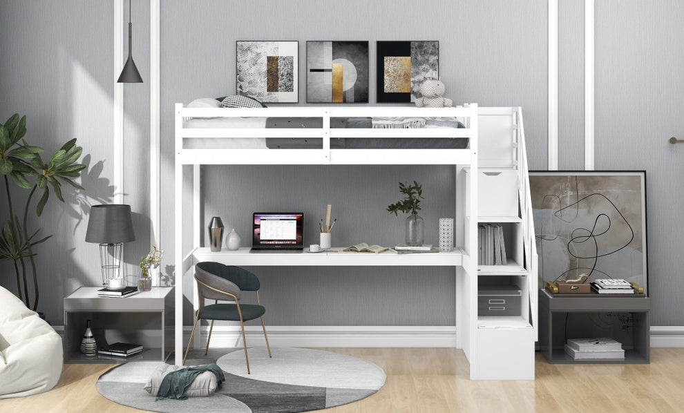 White Twin Size Loft Bed With Built In Desk And Stairway By Homeroots | Beds | Modishstore - 3