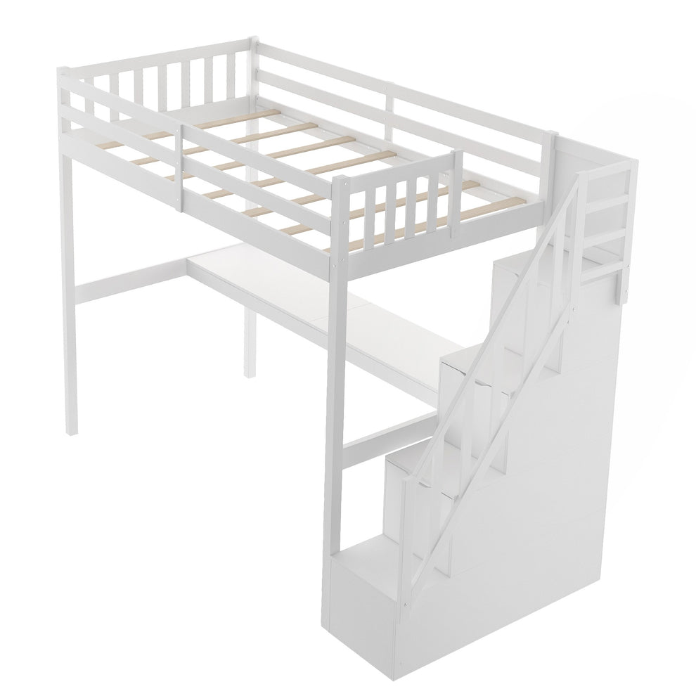 White Twin Size Loft Bed With Built In Desk And Stairway By Homeroots | Beds | Modishstore - 4