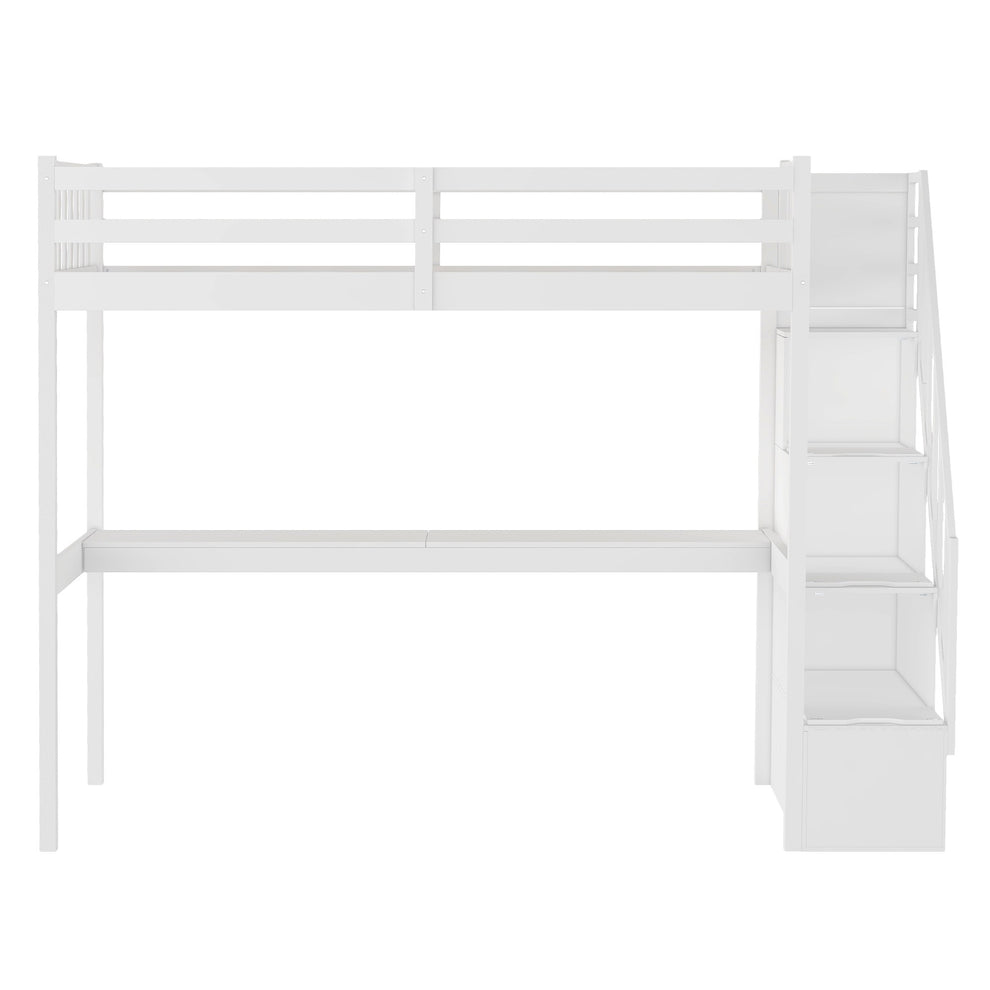 White Twin Size Loft Bed With Built In Desk And Stairway By Homeroots | Beds | Modishstore - 5