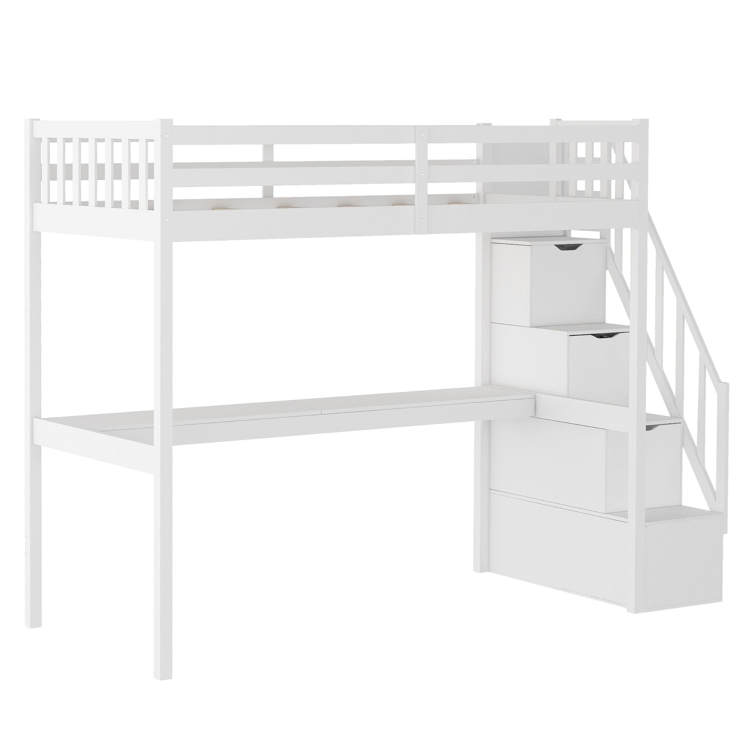 White Twin Size Loft Bed With Built In Desk And Stairway By Homeroots | Beds | Modishstore - 6