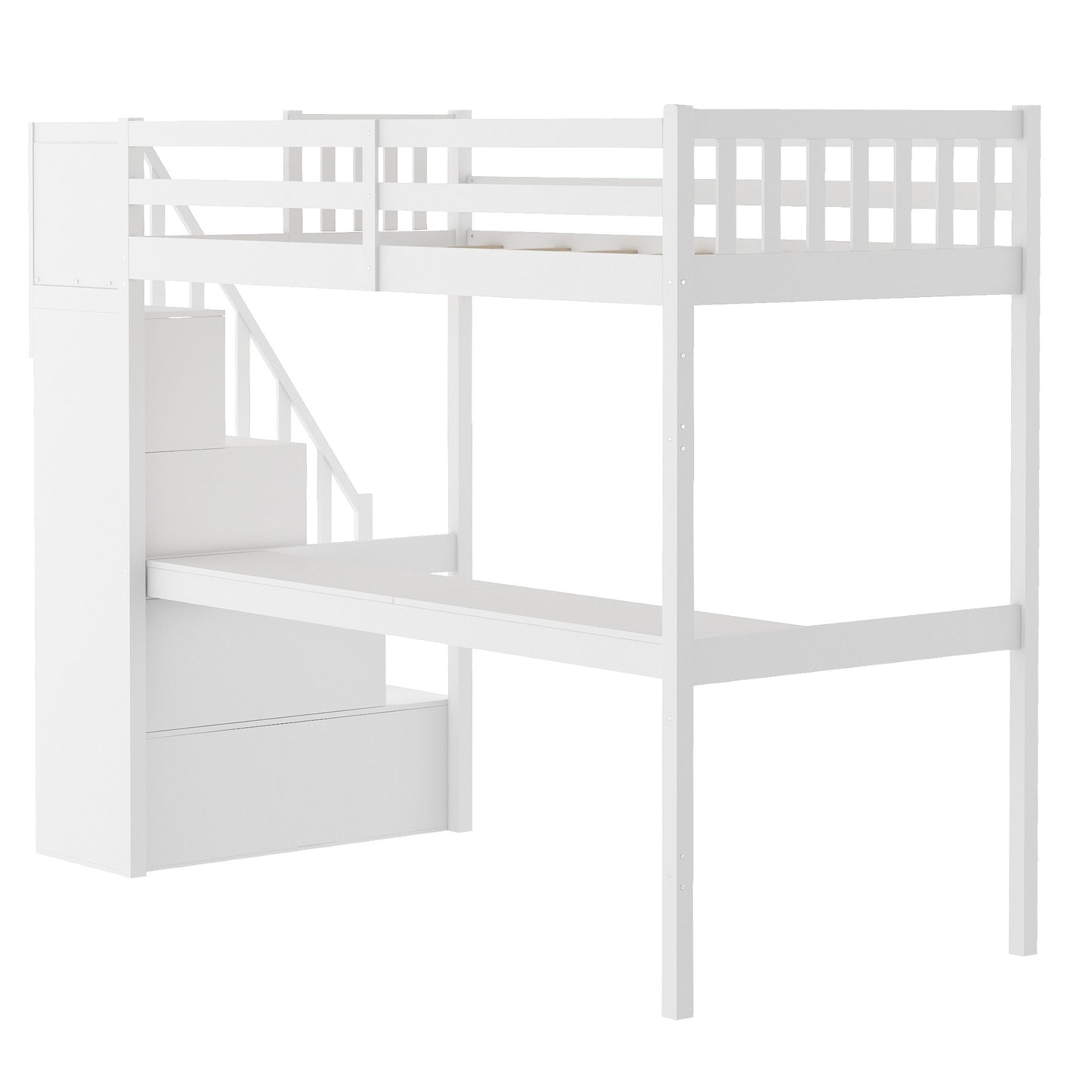 White Twin Size Loft Bed With Built In Desk And Stairway By Homeroots | Beds | Modishstore - 7