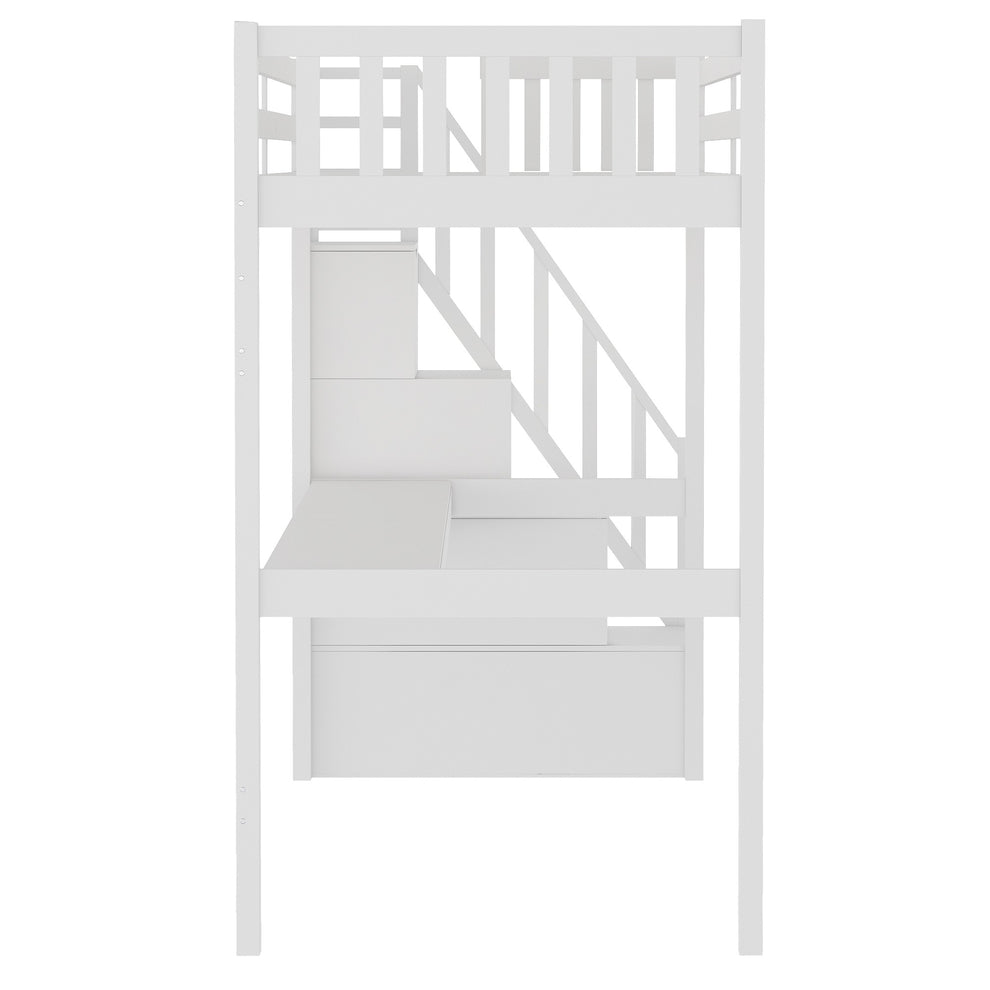 White Twin Size Loft Bed With Built In Desk And Stairway By Homeroots | Beds | Modishstore - 9