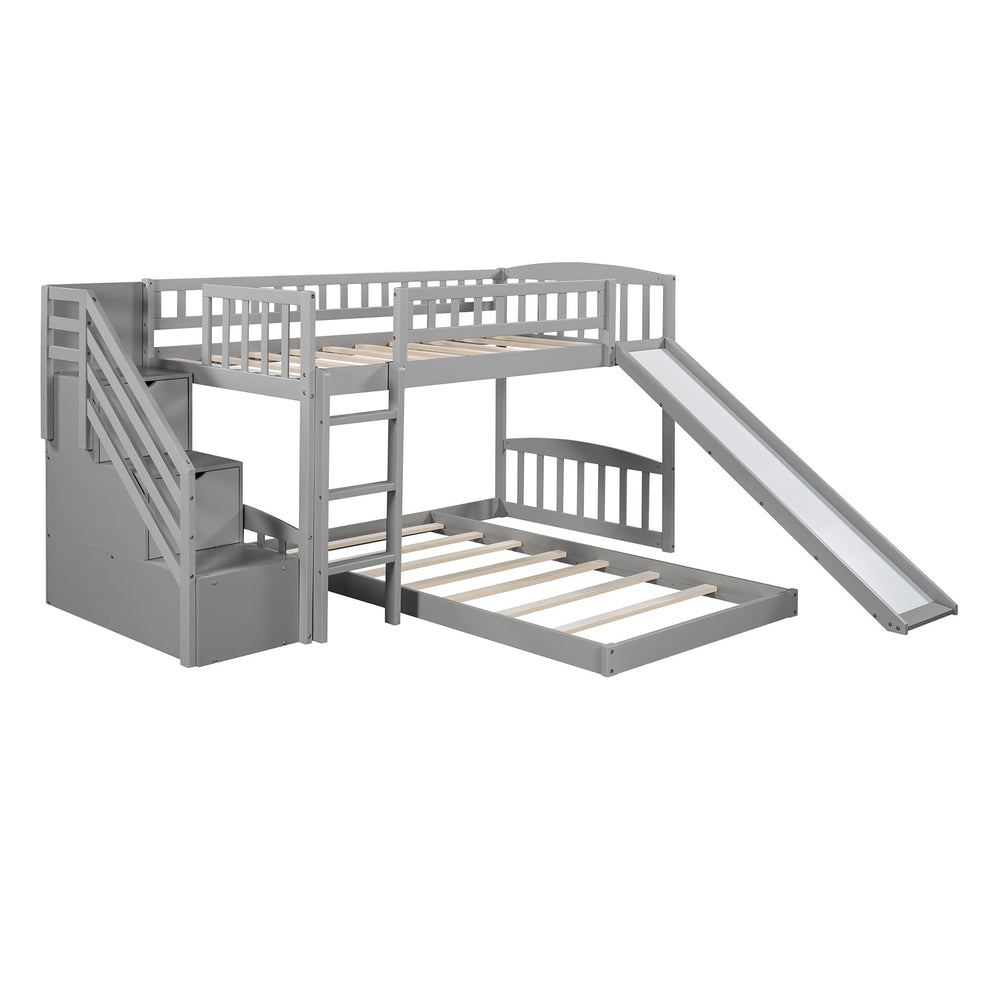 Gray Twin Over Twin Perpendicular Bunk Bed With Storage Stairs And Slide By Homeroots | Beds | Modishstore - 3