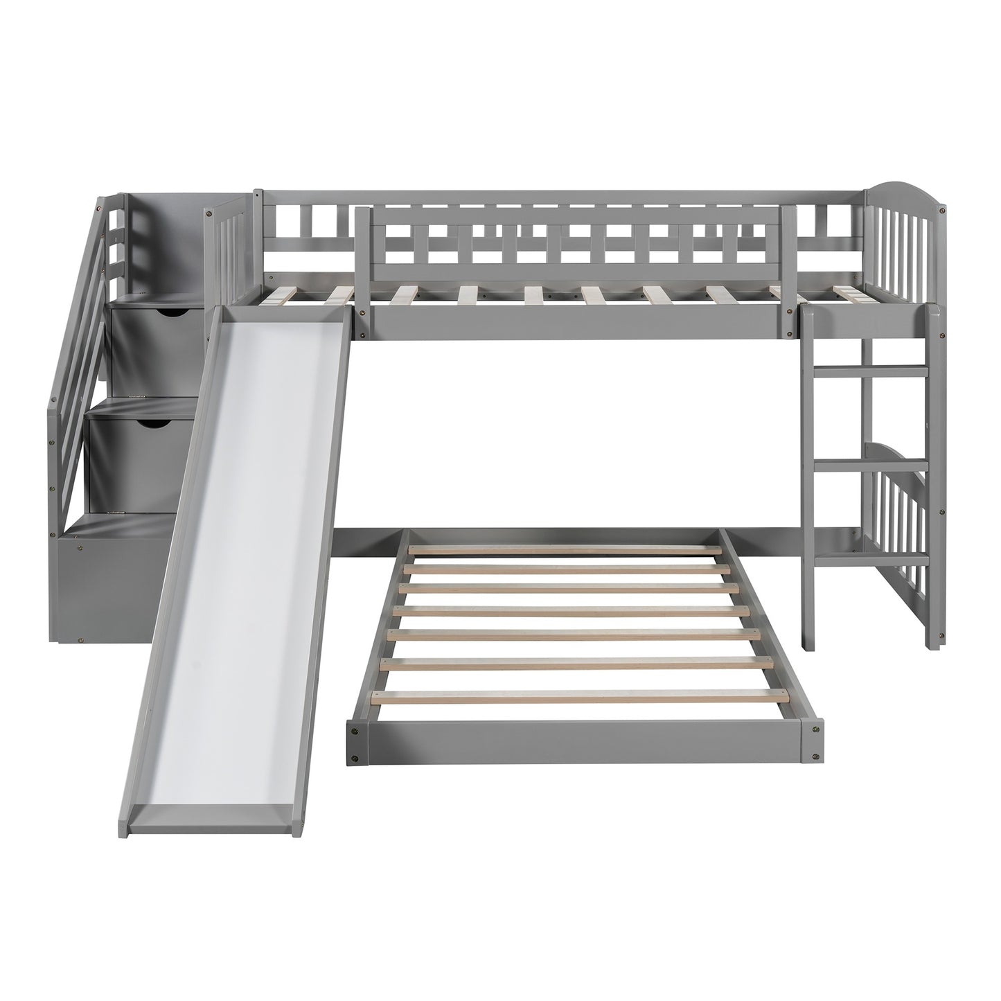 Gray Twin Over Twin Perpendicular Bunk Bed With Storage Stairs And Slide By Homeroots | Beds | Modishstore - 4