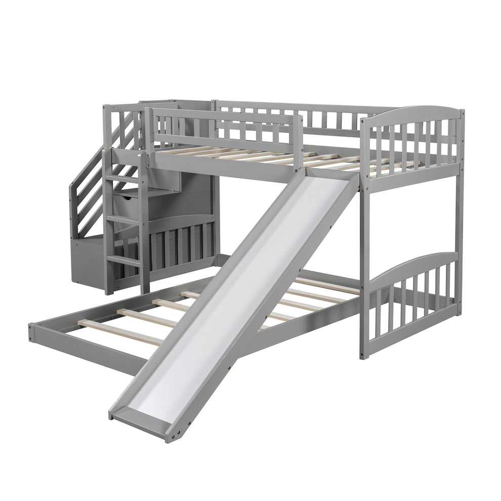Gray Twin Over Twin Perpendicular Bunk Bed With Storage Stairs And Slide By Homeroots | Beds | Modishstore - 5