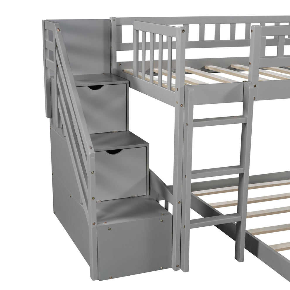 Gray Twin Over Twin Perpendicular Bunk Bed With Storage Stairs And Slide By Homeroots | Beds | Modishstore - 7