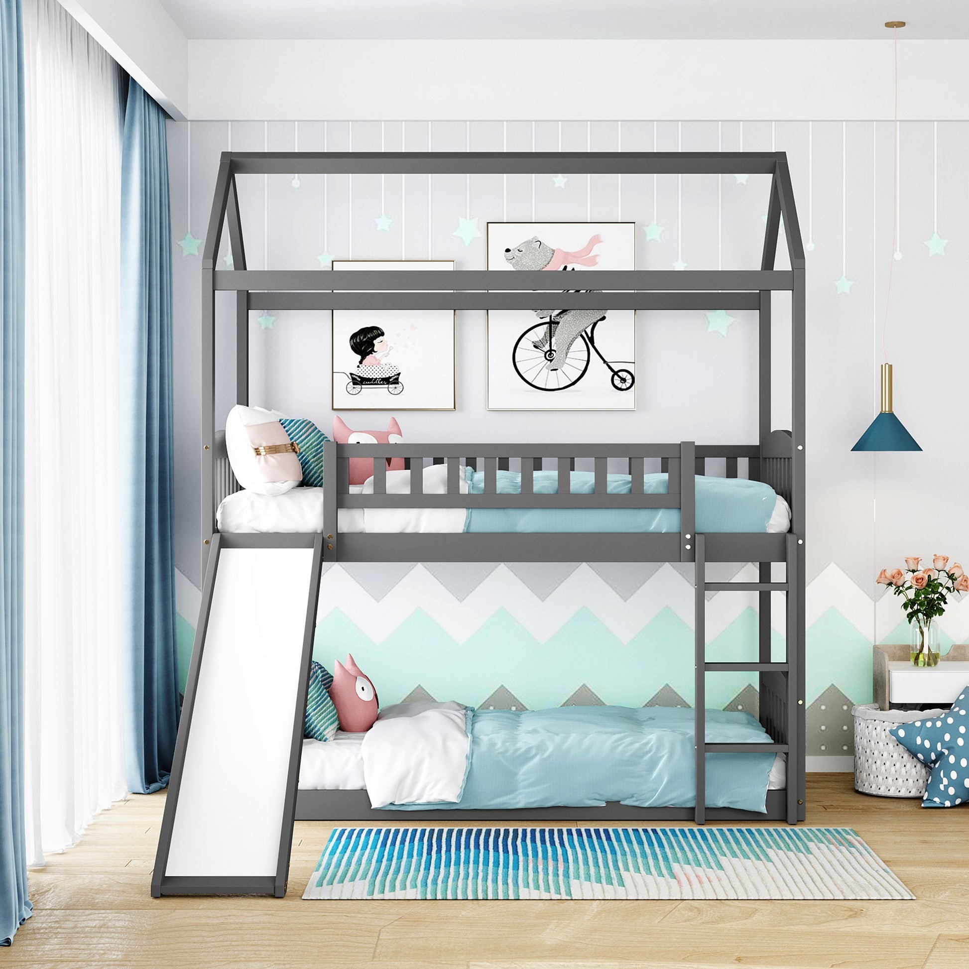 Gray Playhouse Frame Full Over Full Bunk Bed With Slide By Homeroots | Beds | Modishstore - 2