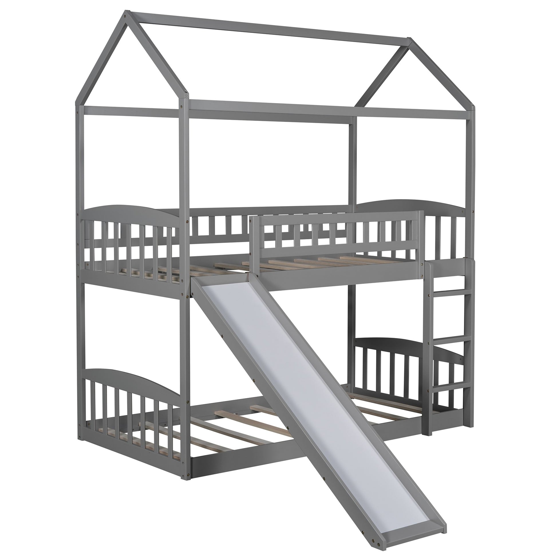Gray Playhouse Frame Full Over Full Bunk Bed With Slide By Homeroots | Beds | Modishstore - 4