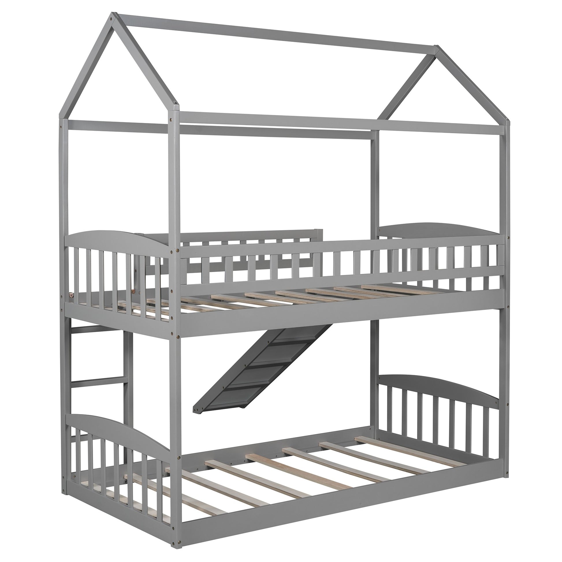 Gray Playhouse Frame Full Over Full Bunk Bed With Slide By Homeroots | Beds | Modishstore - 9