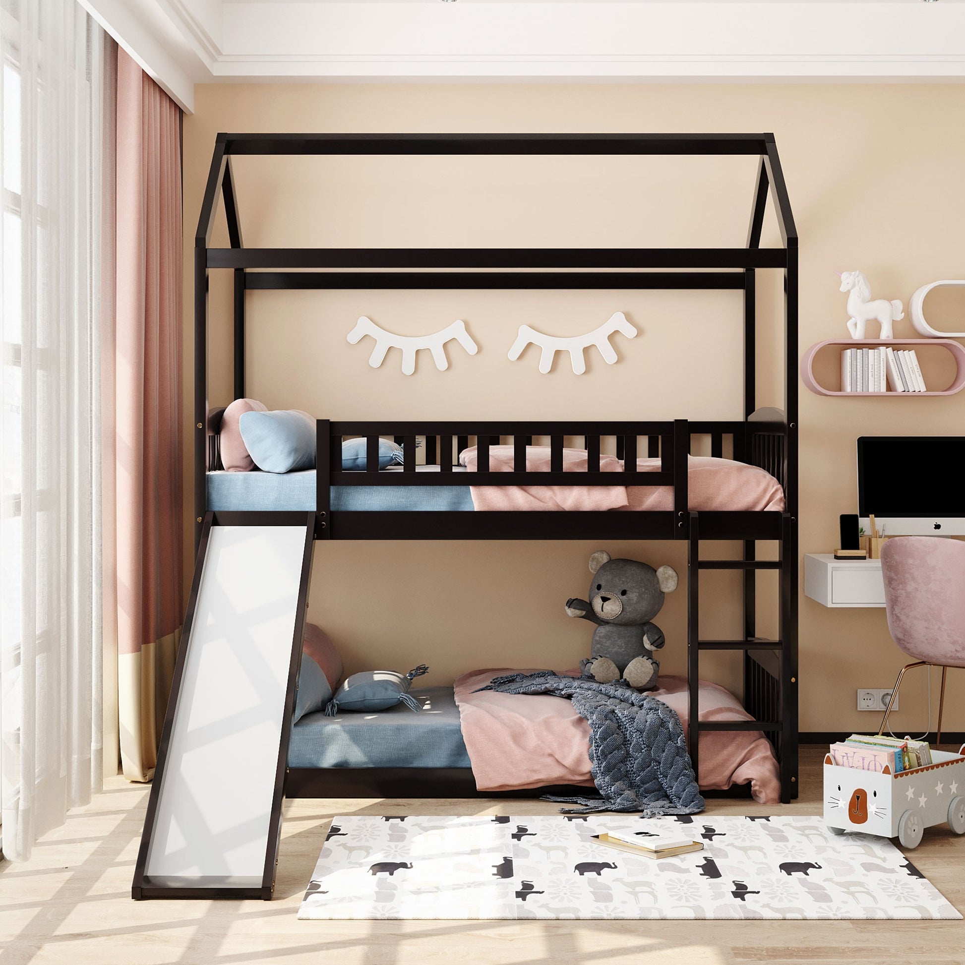 Gray Playhouse Frame Full Over Full Bunk Bed With Slide By Homeroots | Beds | Modishstore - 11