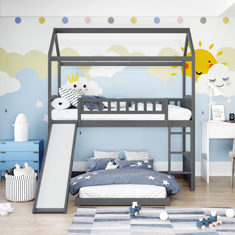 Gray Playhouse Frame Full Over Full Perpendicular Bunk Bed With Slide By Homeroots | Beds | Modishstore - 2