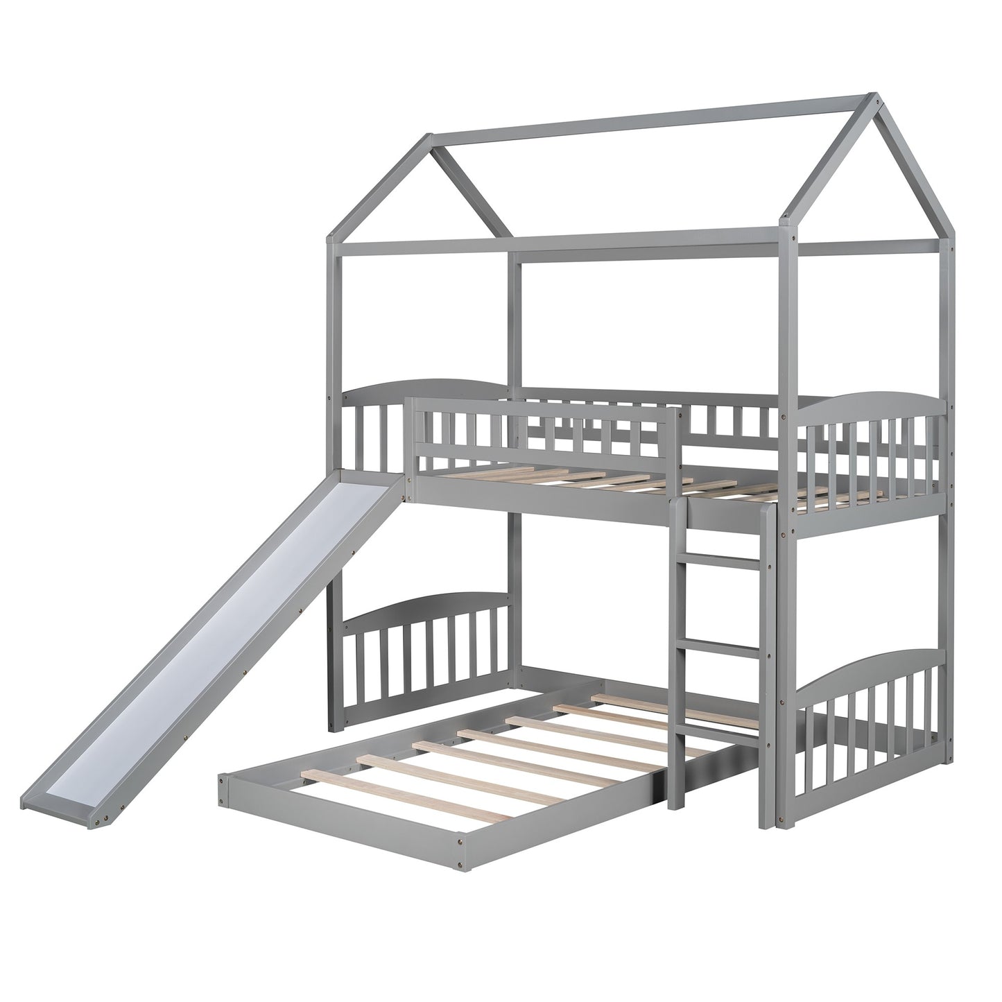 Gray Playhouse Frame Full Over Full Perpendicular Bunk Bed With Slide By Homeroots | Beds | Modishstore - 3