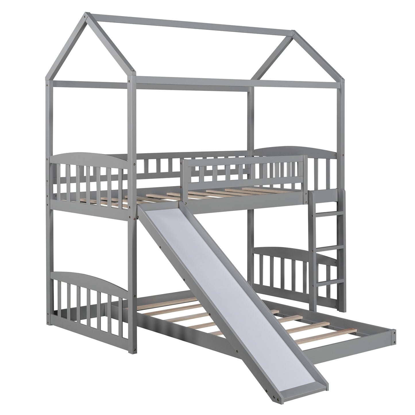 Gray Playhouse Frame Full Over Full Perpendicular Bunk Bed With Slide By Homeroots | Beds | Modishstore - 4