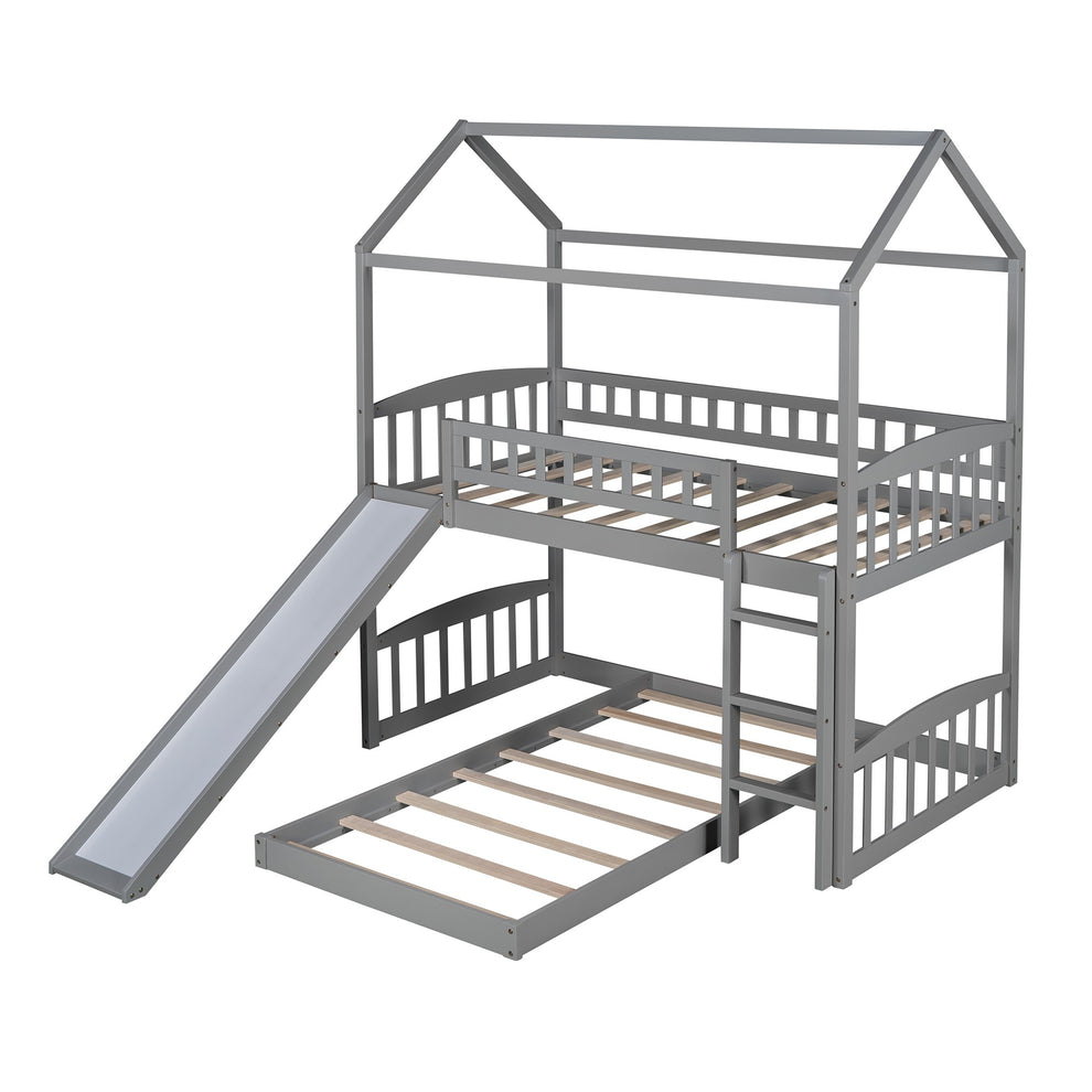 Gray Playhouse Frame Full Over Full Perpendicular Bunk Bed With Slide By Homeroots | Beds | Modishstore - 6