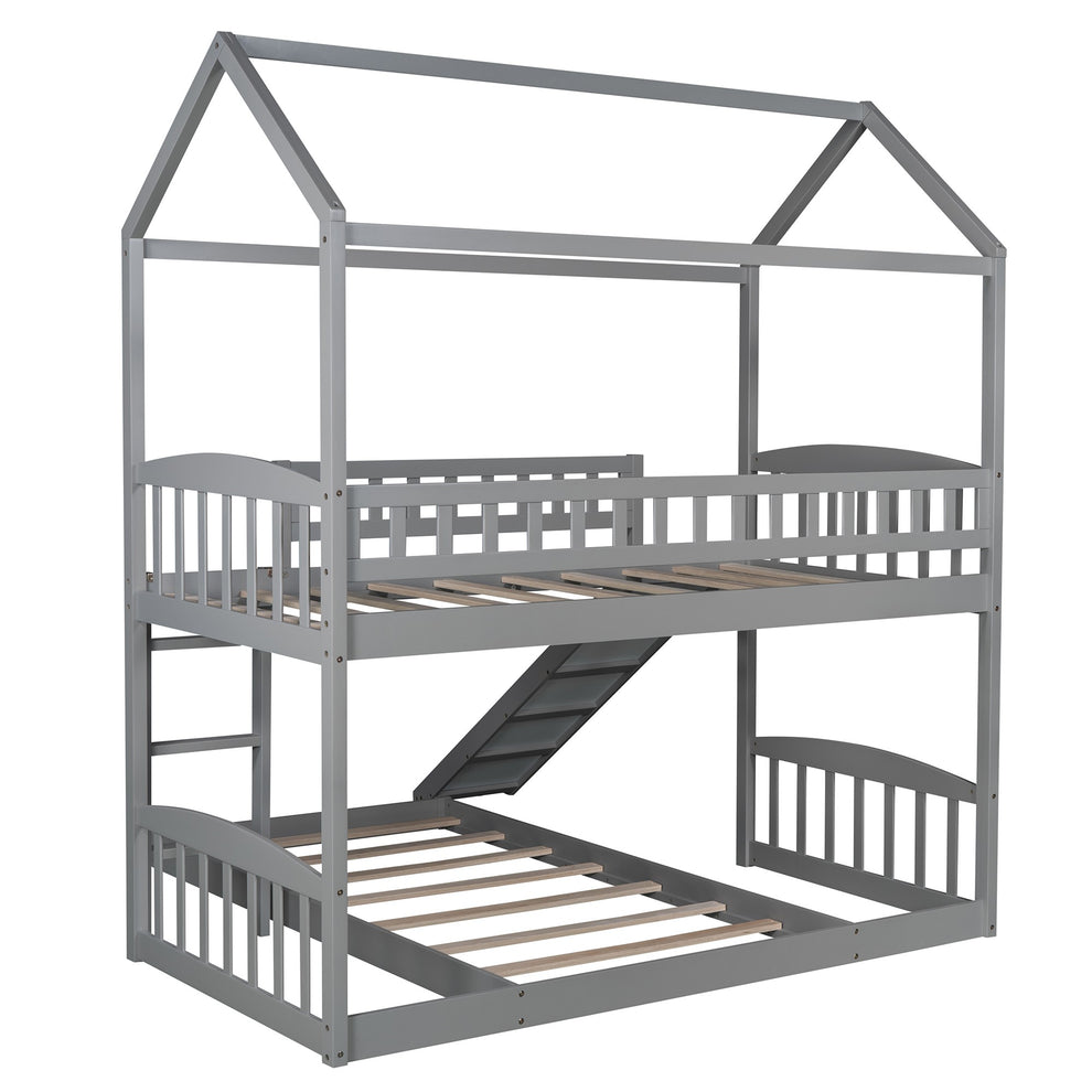 Gray Playhouse Frame Full Over Full Perpendicular Bunk Bed With Slide By Homeroots | Beds | Modishstore - 7