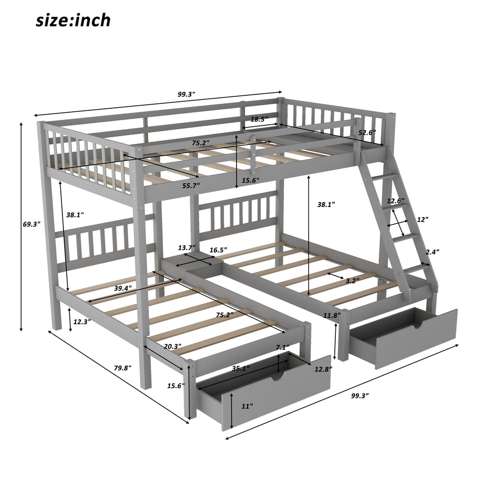 Gray Full Over Double Twin Triple Bunk Beds With Drawers By Homeroots | Beds | Modishstore - 9