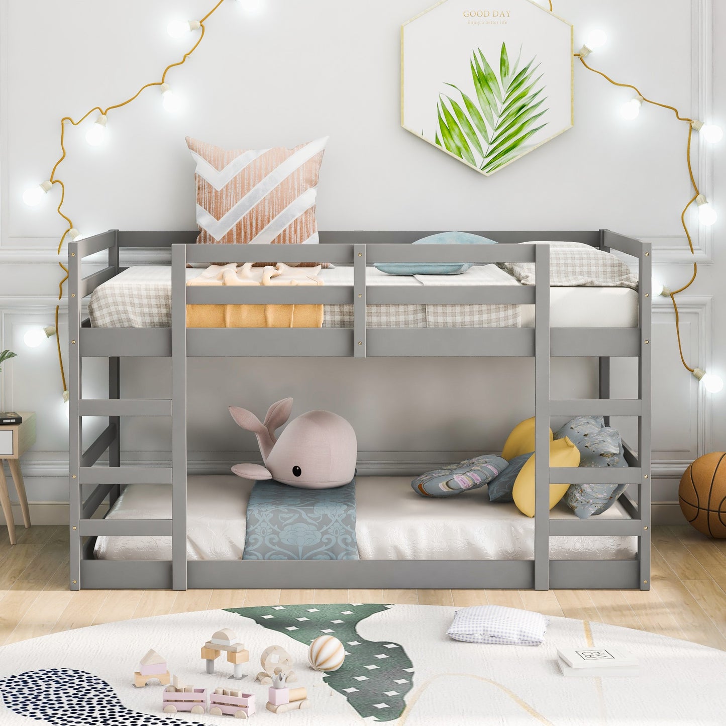 Pastel Gray Twin Over Twin Dual Ladder Bunk Bed By Homeroots | Beds | Modishstore - 2