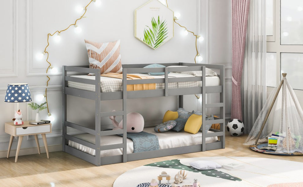 Pastel Gray Twin Over Twin Dual Ladder Bunk Bed By Homeroots | Beds | Modishstore - 3